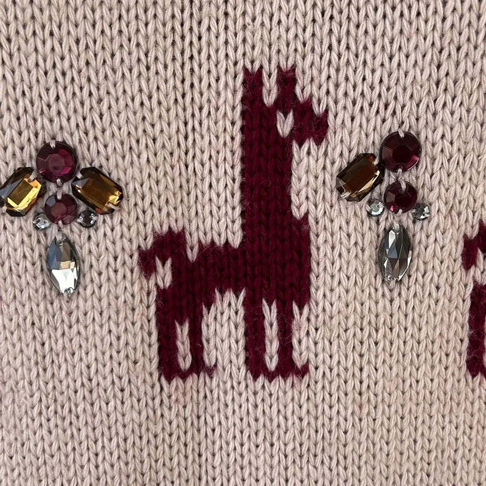 J. Crew Women’s Llama Intarsia Knit Wool Blend Sweater Jewel Embellished Size Lg